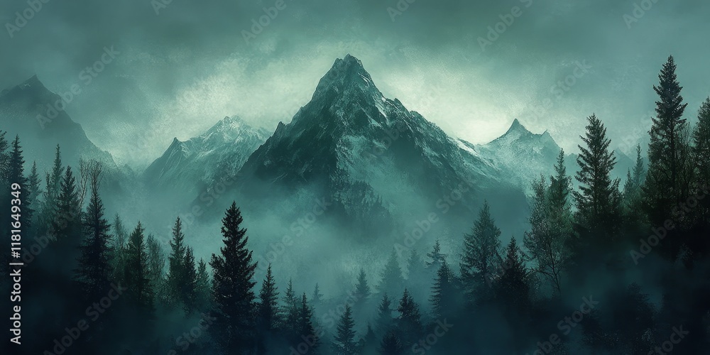 Aufkleber the rugged silhouette of a mountain peak emerges through a natural frame of dark green conifers, cre