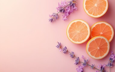 Flat Lay of Orange Slices and Lavender Sprigs on a Soft Pink Background.