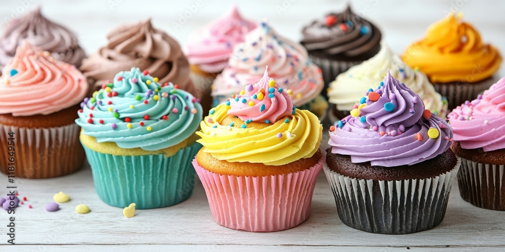 Poster delectable birthday cupcakes arranged on a white background, featuring an array of vibrant colors an