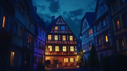 Charming European Village at Night with Illuminated Half-Timbered Houses