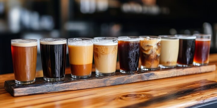 An assortment of cold brew coffee options is presented on an expansive wooden board, showcasing a delightful variety of cold brew coffee selections.