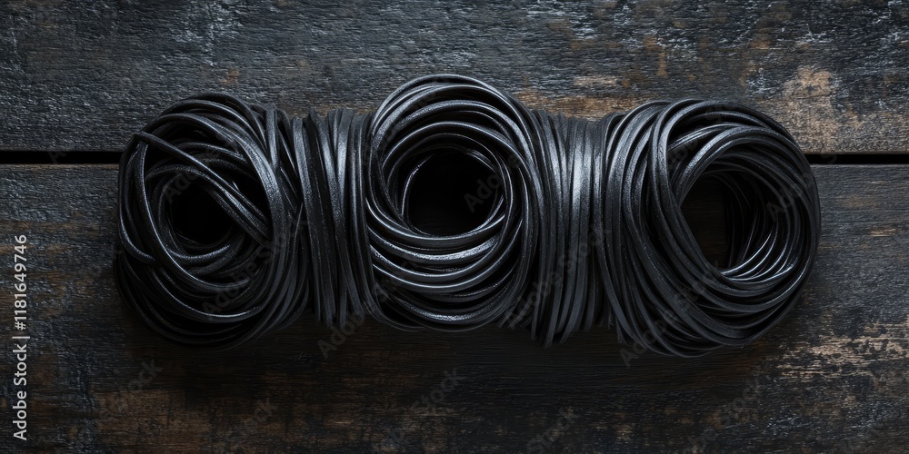 Poster tantalizing black spaghetti pasta displayed on a dark rustic wooden surface, showcasing the unique a