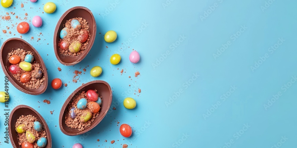 Poster halves of chocolate eggs adorned with colorful jelly and sweet powder create a circular pattern with