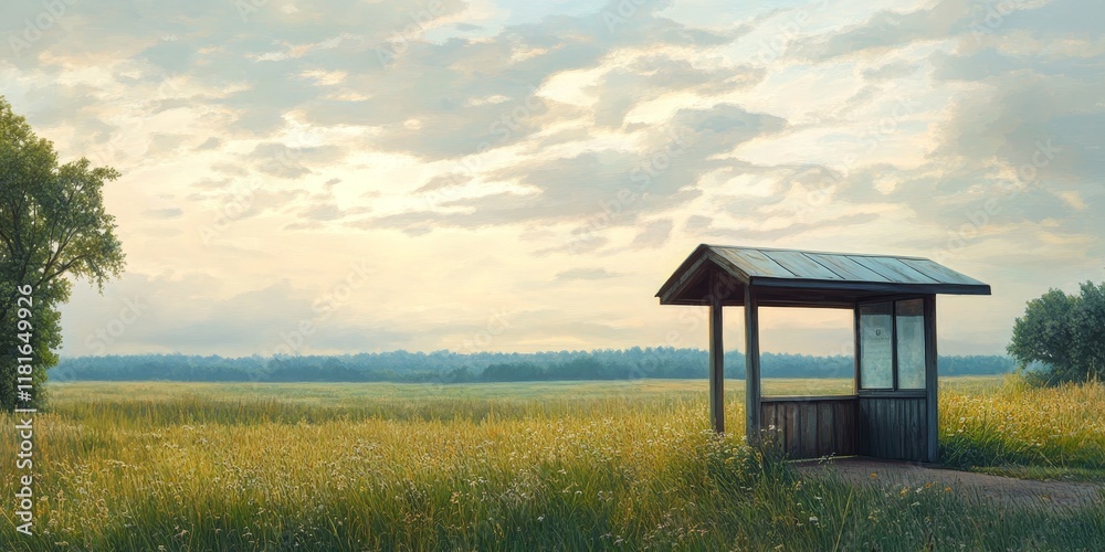 Poster a morning scene featuring an outdoor bus stop set in a vast open field, capturing the tranquility an