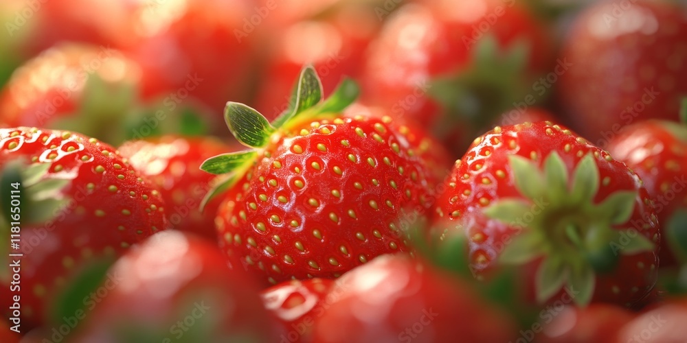 Poster macro shot capturing a vibrant group of strawberries, highlighting the freshness and detail of these