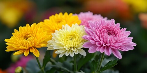 Obraz premium Chrysanthemums flowers display their beauty in the garden, showcasing vibrant colors and delicate petals that enhance the garden s overall charm. Experience the beauty of chrysanthemums flowers in