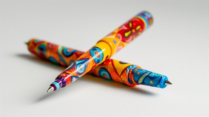 A pair of brightly colored pens with artistic designs, resting on a white surface.