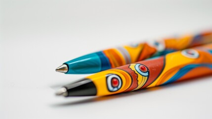 Obraz premium A pair of brightly colored pens with artistic designs, resting on a white surface.