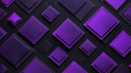 Obraz premium Many symmetrical purple rhombuses and squares on a black background. Bright abstract pattern of geometric carved and fancy shapes.