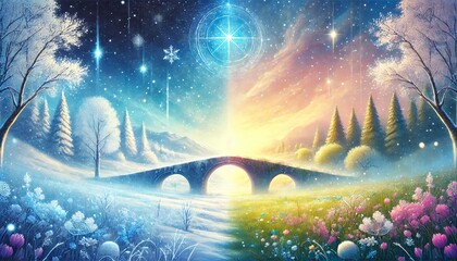 Obraz premium A serene painting depicting the magical transition between winter and spring through a glowing bridge under a pastel-hued sky.