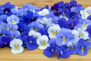 A Vibrant Mosaic of Blue and White Viola Flowers Arranged Beautifully on a Wooden Surface Showcasing Nature's Colorful Palette in Springtime Harmony