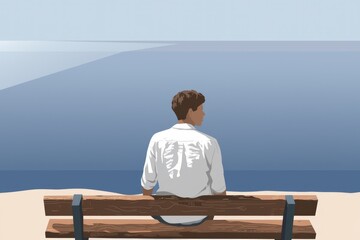 A man sits on a bench overlooking a calm sea, lost in thought, enjoying the peaceful view.