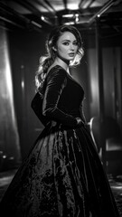 A woman in a black velvet gown poses dramatically in a dimly lit room, exuding elegance and mystery.