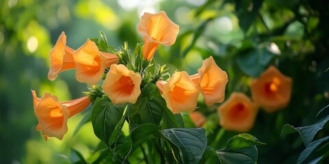 Vibrant orange trumpet flowers display their beauty amidst lush green leaves, creating a stunning scene in the park with a blurred background that enhances the allure of the orange trumpet flowers.