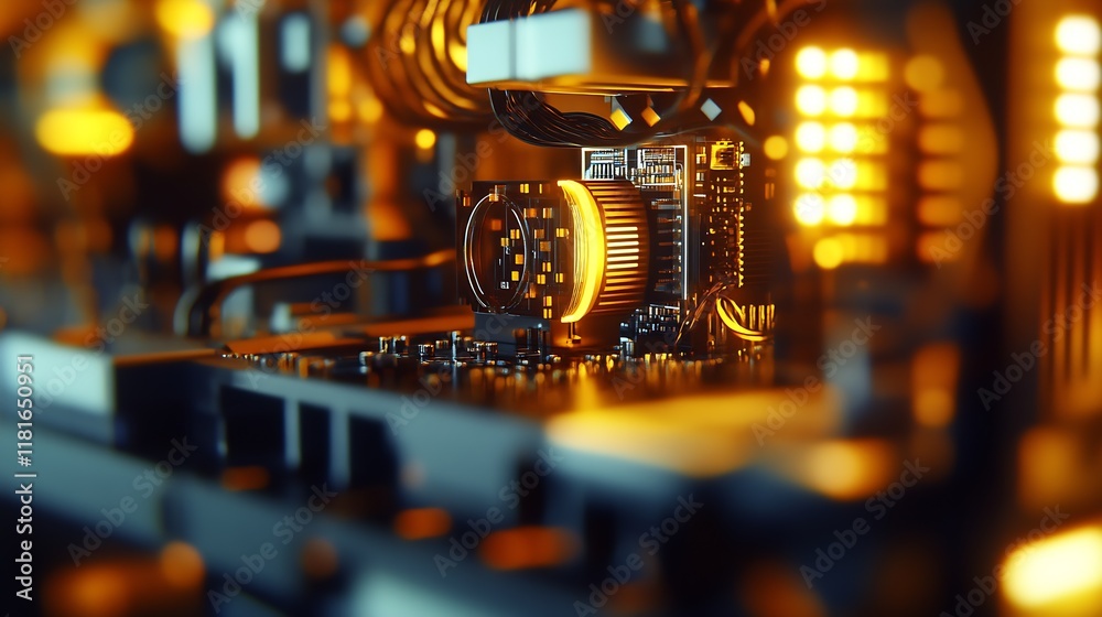 Aufkleber Futuristic electronic components on motherboard with glowing lights in technology lab : Generative AI