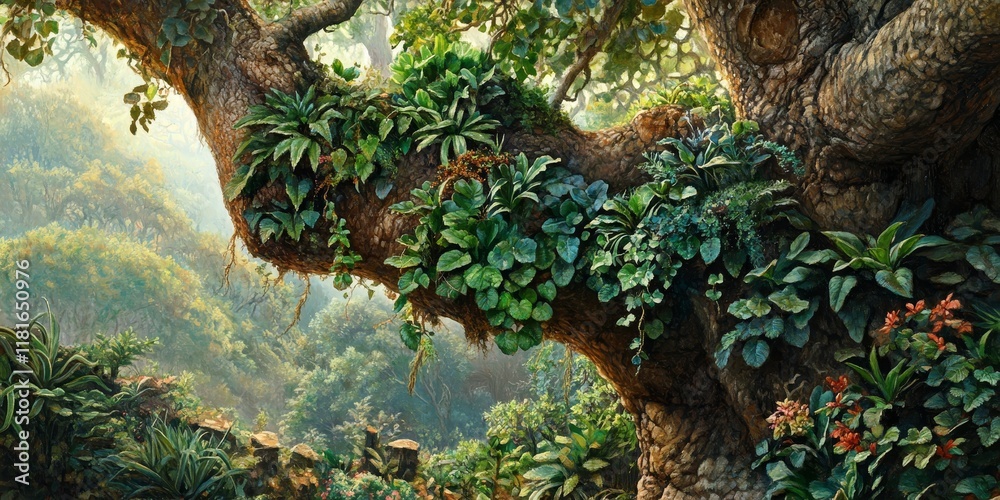 Poster lush plants thrive on the trunk of a large tree, showcasing the beauty of nature and the unique rela