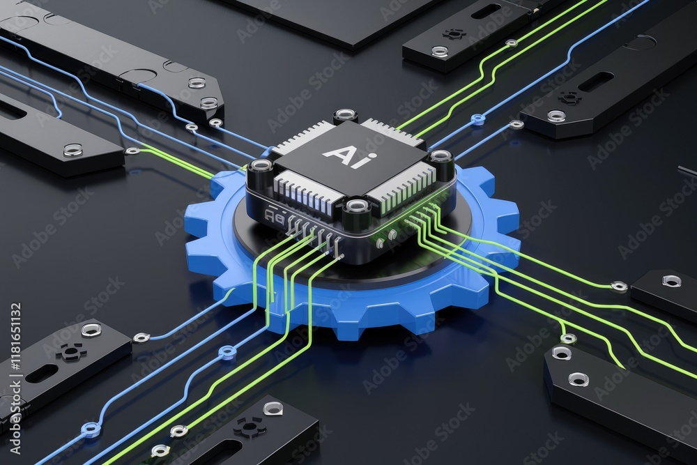 Poster ai chip integrated with a gear mechanism, representing the technology's power and precision.