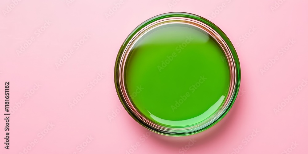 Poster Isolated green circle glass lid on a pink background, creating a variety of abstract patterns that enhance the visual appeal of the green circle glass lid. Perfect for creative concepts.
