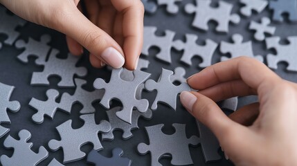 Hands assembling a grey jigsaw puzzle on a dark surface, showcasing focus and creativity.