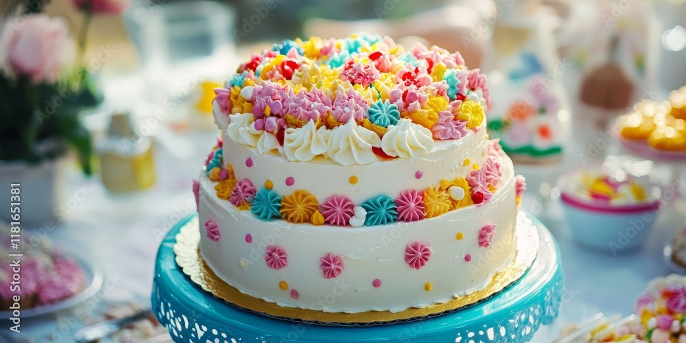 Poster a beautifully decorated cake resting on a table, featuring colorful and lively embellishments that e