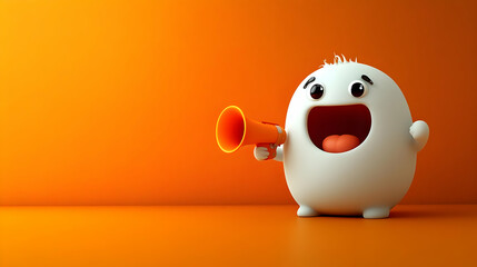 3D Character Announces Big News Loudly with Megaphone on Orange Background