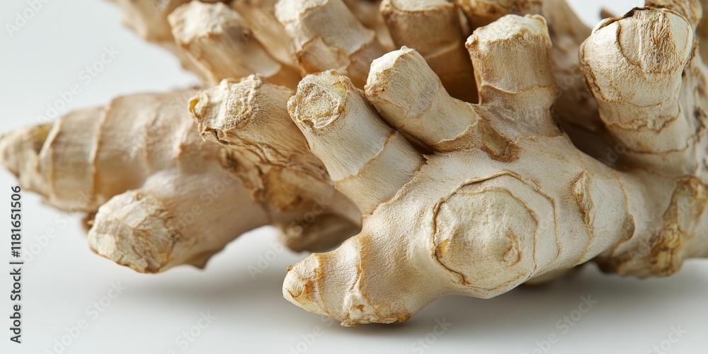 Poster closeup of a ginger bulb showcased against a white background, highlighting the unique texture and v
