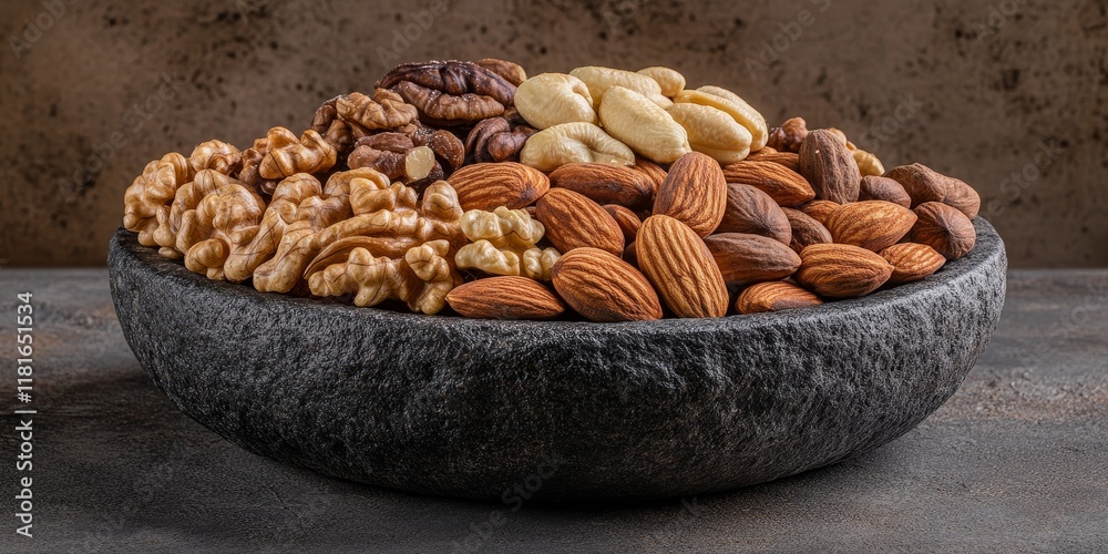 Poster Diverse selection of healthy nuts arranged in a dark stone bowl displayed in an isolated setting for a unique visual appeal of healthy nuts. Discover the beauty of healthy nuts in this composition.