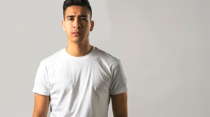 Obraz premium Confident Hispanic man in white t-shirt studio portrait perfect for modern branding advertising minimalist fashion or headshot use. 