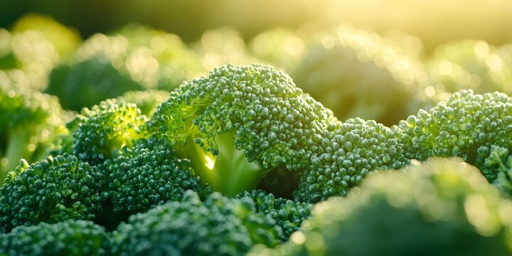 Sunlight casts a bright glow on vibrant green broccoli, highlighting its vivid color and freshness, showcasing the lushness of the vegetable in the warm light.