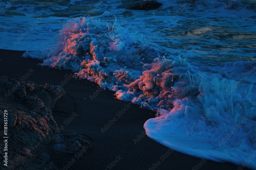 Poster ocean wave crashing on a dark beach at sunset, creating surreal foam formations.