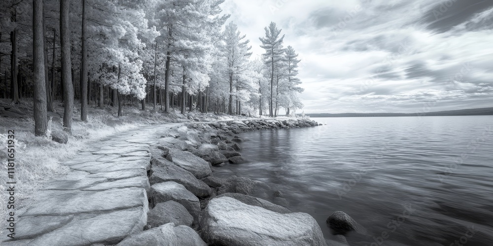 Poster infrared image capturing the unique texture of the stone shore beside the lake, highlighting the ser