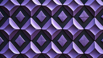 Many symmetrical purple rhombuses and squares on a black background. Bright abstract pattern of geometric carved and fancy shapes.