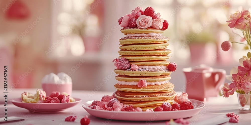 Poster pancakes stacked in a towering arrangement, perfect for celebrating pancake day or shrove tuesday. t