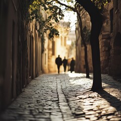 Sunlight filters through a narrow alley, casting dramatic silhouettes and revealing the textured cobblestones of an ancient, lively street.
