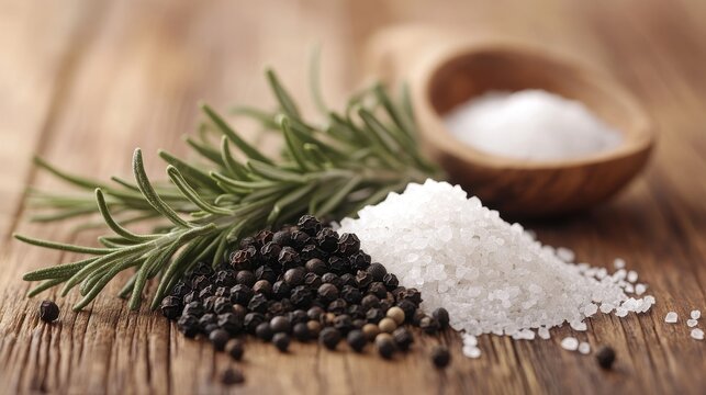 Rosemary, black pepper, and salt arranged on a wooden table create an appealing composition. This image showcases rosemary, black pepper, and salt with a selective focus for added depth.