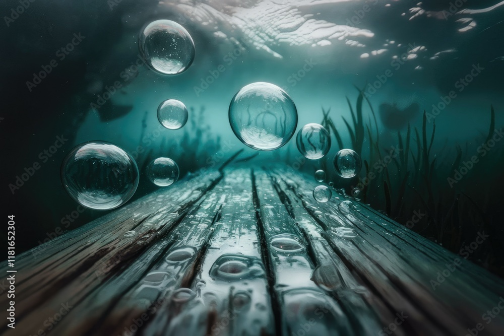 Poster Submerged wooden path with bubbles floating underwater, creating an ethereal scene.
