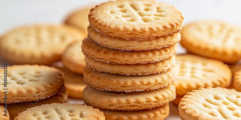Poster delicious biscuits made with butter and sugar, beautifully arranged on a white background, featuring