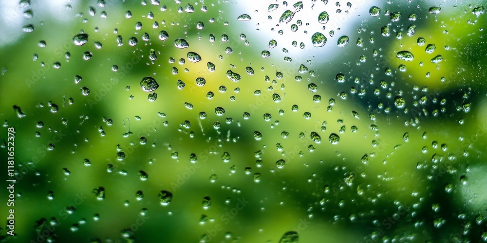 Poster Raindrops on the window pane create a serene atmosphere. The silhouettes of blurred green trees are visible outside the window, enhancing the beauty of this rainy day scene. High quality photo of