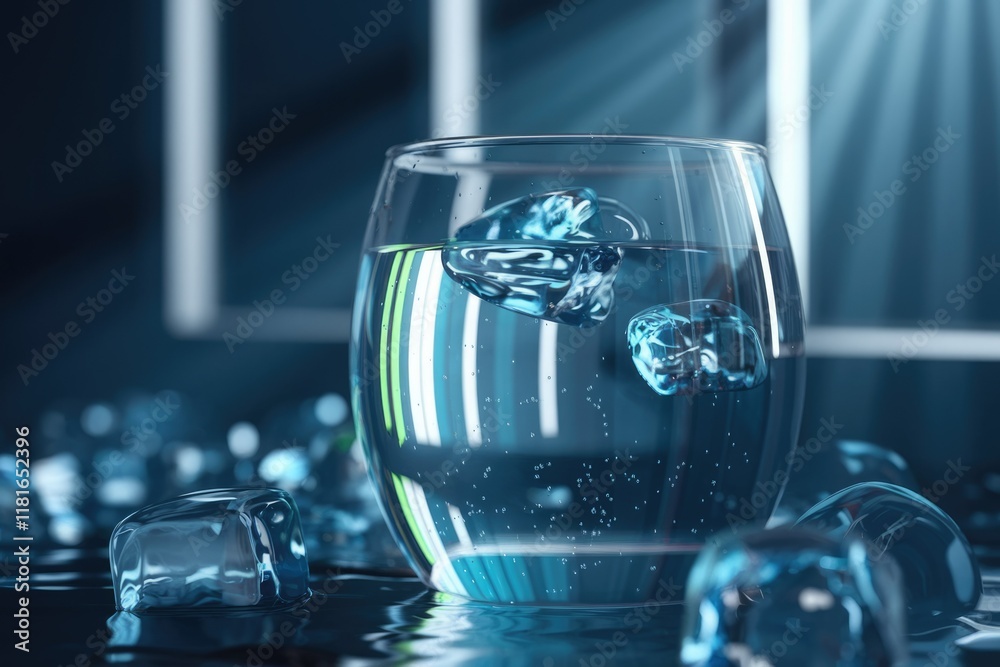 Poster a glass of sparkling water with ice cubes, reflecting light, creating a refreshing and cool image.