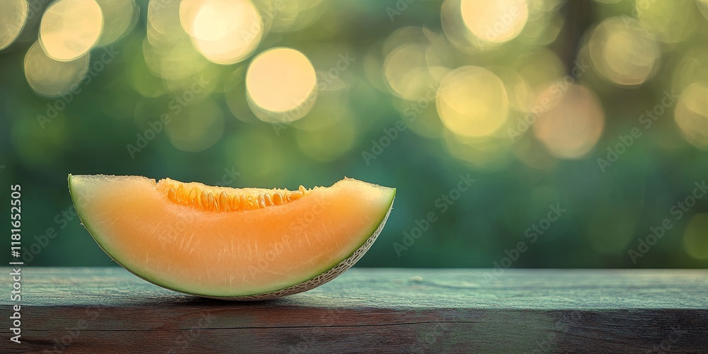 Aufkleber a slice of fresh melon rests on a wooden table, beautifully showcased against a bokeh backdrop that 