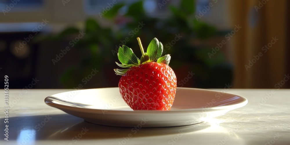 Poster strawberry displayed on a plate atop a table, showcasing the vibrant colors and freshness, with a se