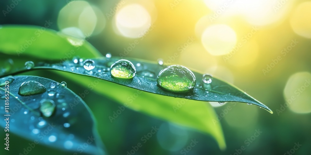 Poster dew drops on a green leaf create stunning visuals in macro photography, showcasing the beauty of dro