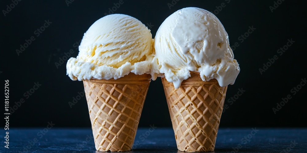 Poster a representation featuring two delicious scoops of ice cream placed in a waffle cone, showcasing a d