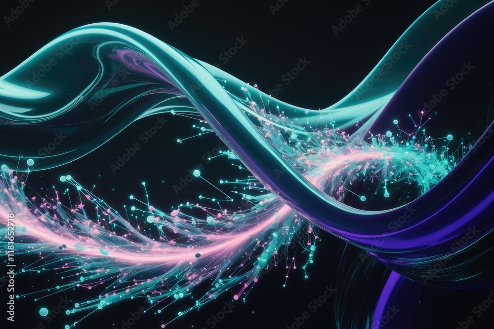 Poster Abstract 3D render of vibrant teal and purple wave with glowing pink and teal particles, creating a dynamic and energetic composition.