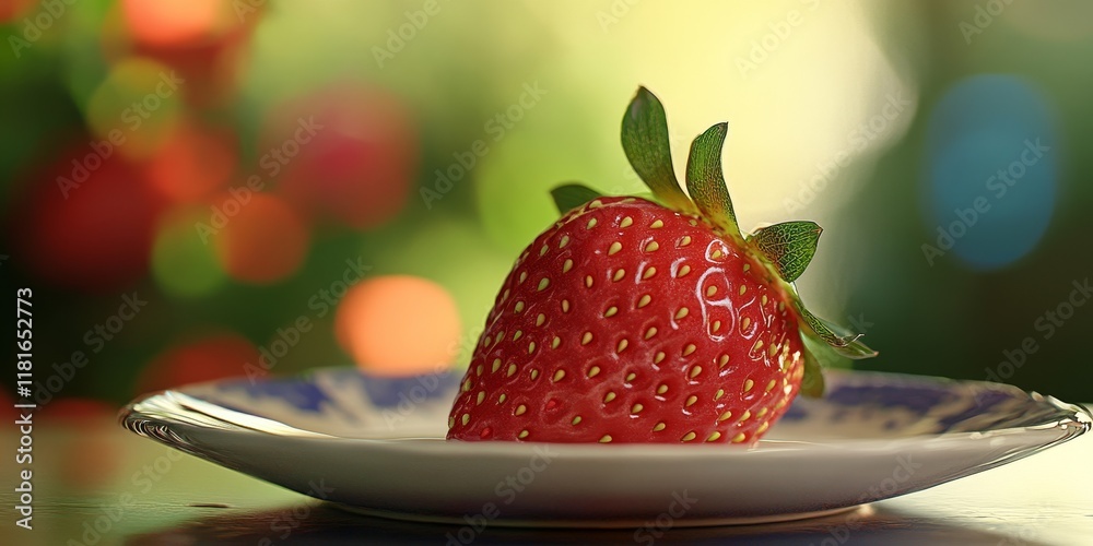Poster strawberry displayed on a plate atop a table, showcasing the vibrant colors and freshness, with a se
