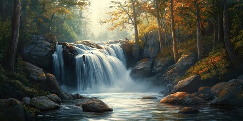 Breathtaking waterfall amidst a forest setting, with water flowing gracefully over rugged rocks, creating a stunning natural scene echoing the beauty of the landscape.