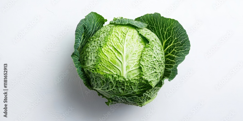 Poster close up view of a fresh cabbage on a white background, showcasing the vibrant green color and textu