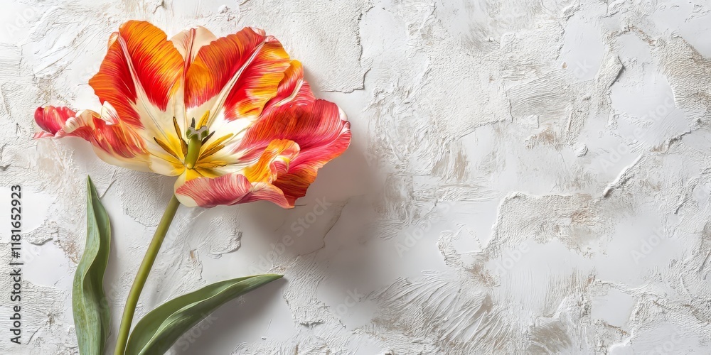 Poster vibrant double tulip captured from above, showcasing a pattern of shades on textured white stucco. t