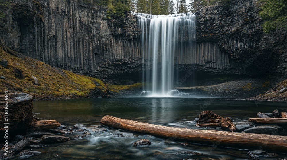 Poster majestic waterfall flowing gracefully, surrounded by fallen logs creating a serene and natural atmos