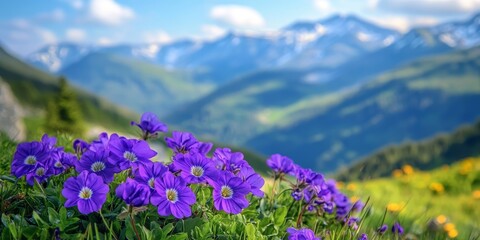 Obraz premium Purple wild primrose blossoms vibrantly in the mountains, showcasing the beauty of primula amoena. This stunning primrose adds color and charm to the mountainous landscape during blooming season.